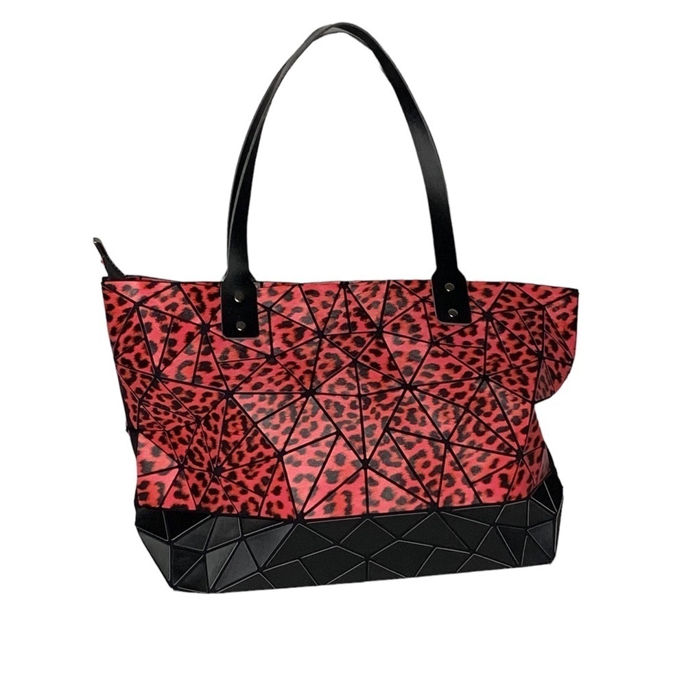 P. Luca tote coral red leopard and black geometric‎ bendable purse.